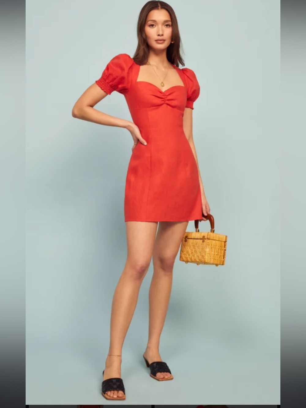 Reformation 100% Linen Red Puff-Sleeve Sweetheart Mini Dress Sz 6
